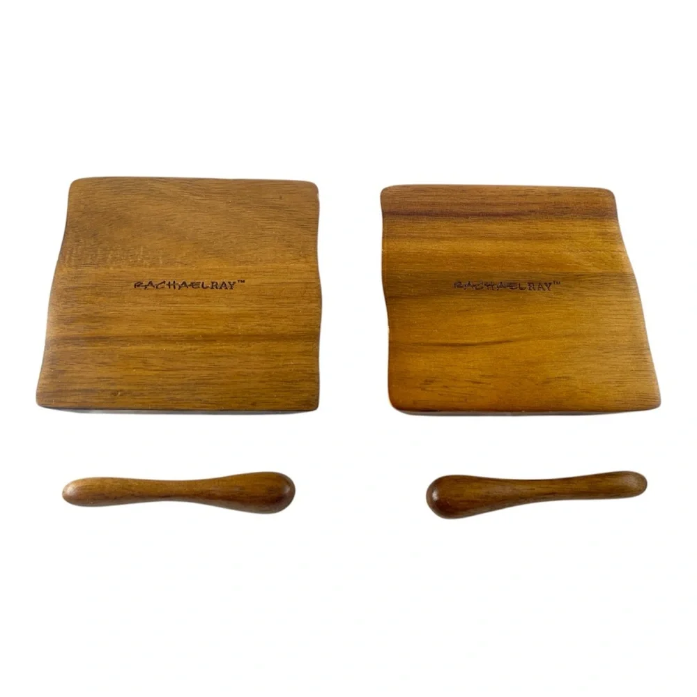 Rachael Ray Square Wooden Condiment Pinch Bowls with Spoons – Set of 2, 3.5”